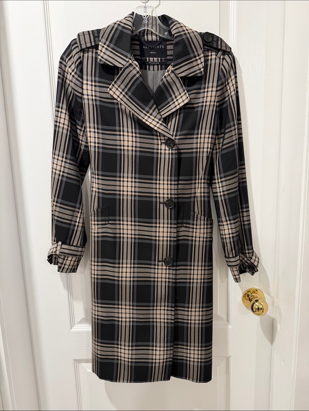 AllSaints Black and Beige Plaid Trench Coat